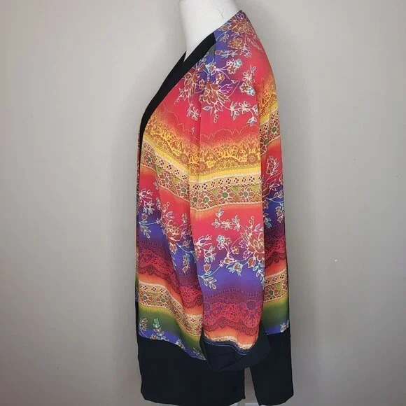 Vtg Colorful Open Cardigan Flowy Duster  3/4 Sleeve Rainbow Maximalism Dopamine - Picture 3 of 11
